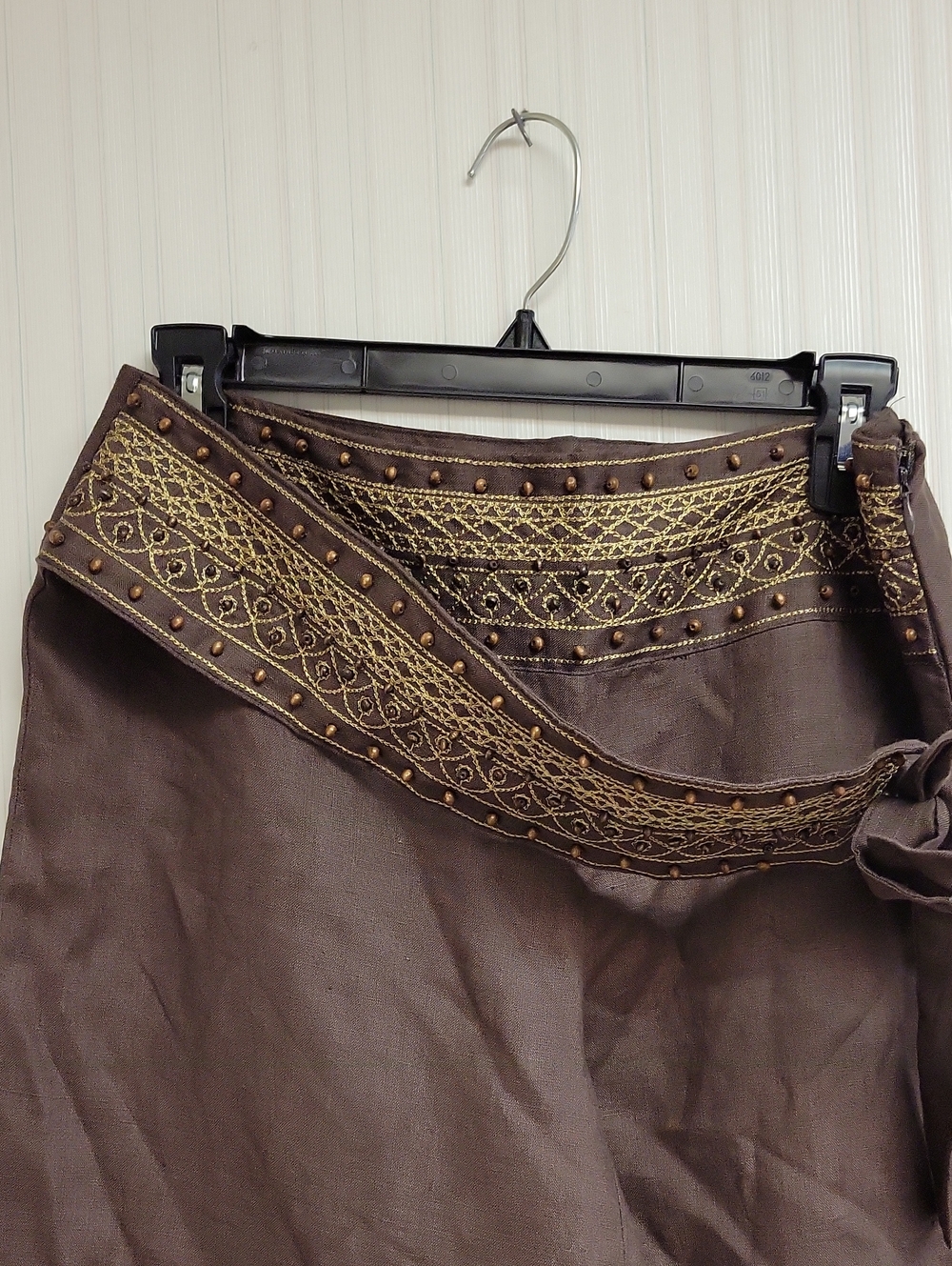 Autograph Brown Wrap Wide Leg Linen Pant  Embroidered Waist Sz 6. Boho Office - Picture 2 of 5